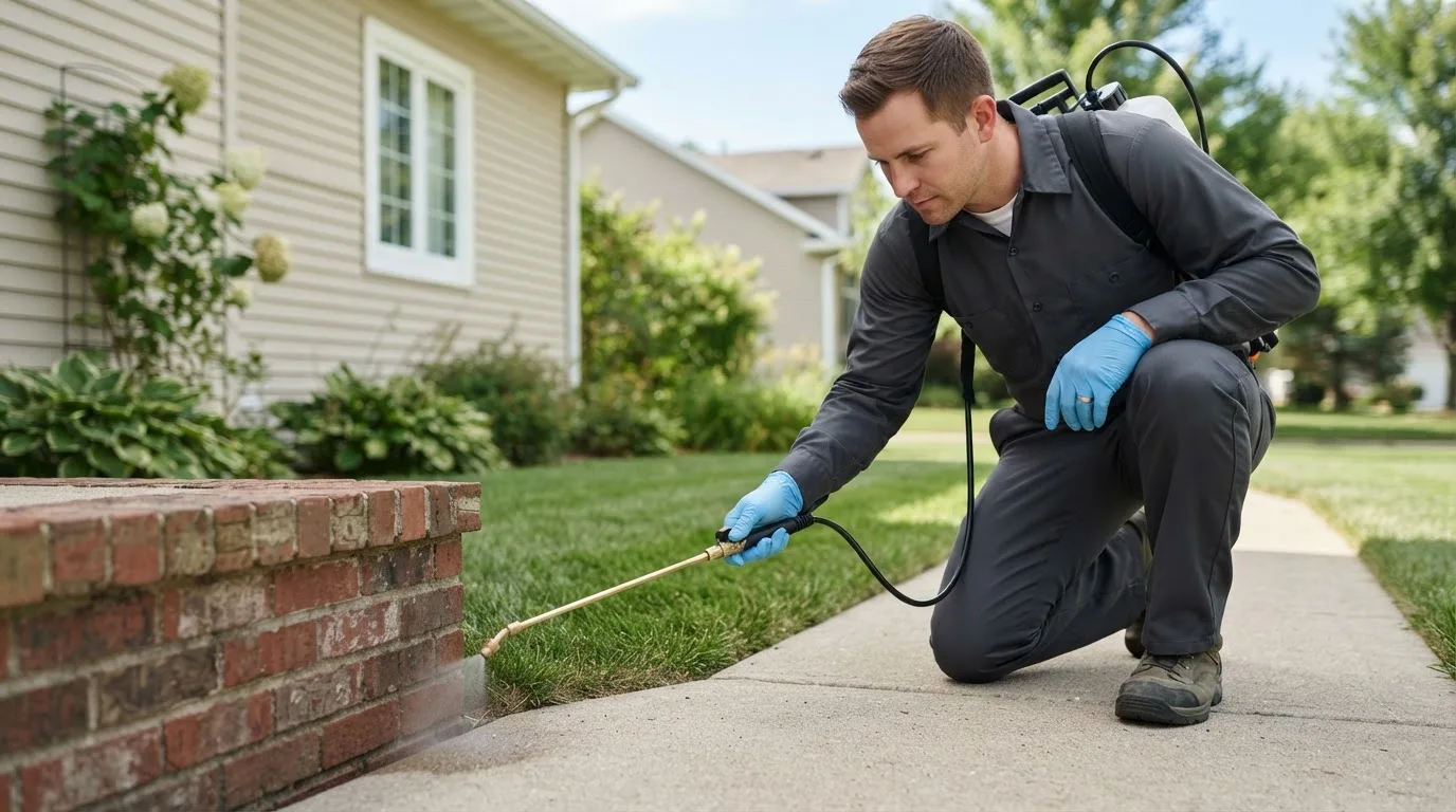 Pest control technician treating a home near La Grange Park, IL